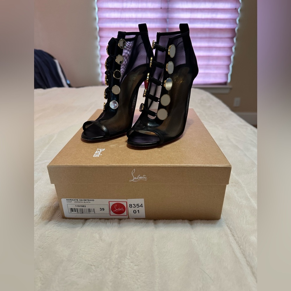 Christian Louboutin Black Mesh & Leather Open-Toe Booties with Mirror Discs
